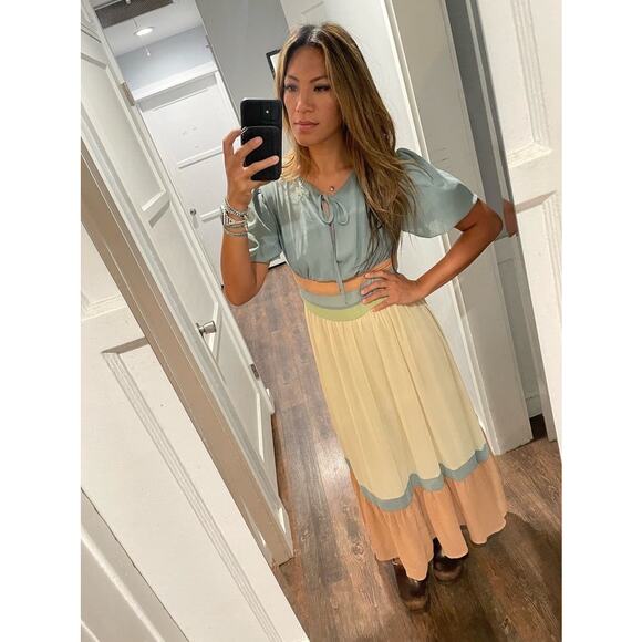 PAMELA LOVE x RTR Multicolored Color Block Crewneck Chiffon Midi Dress Size L - Picture 14 of 15